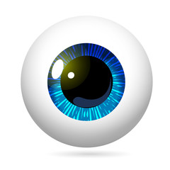 Human eye front view close-up, cornea, retina, pupil. Blue iris. Eyeball icon design isolated on white background. Realistic Vector Illustration