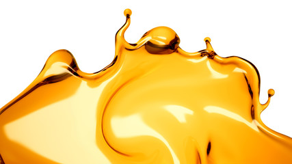 Splash of a transparent orange liquid on a white background. 3d illustration, 3d rendering.