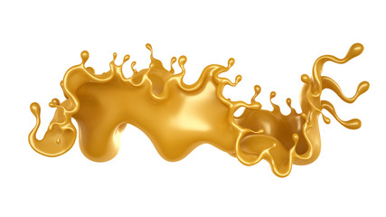 Golden splash of caramel on a white background. 3d illustration, 3d rendering.