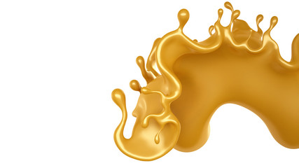 Golden splash of caramel on a white background. 3d illustration, 3d rendering.