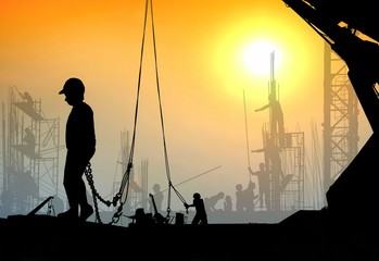 Silhouette construction workers group are working with crane, wire rope sling and blurred construction site in colorful sunrise sky background in evening time, illustration mode