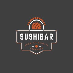 Sushi shop emblem template salmon roll silhouette with retro typography vector illustration