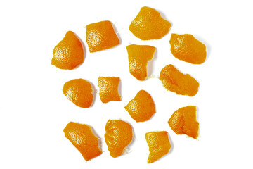 orange peel peaces isolated on white background.