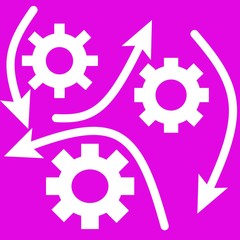 Bright neon purple background with graphic design of gears with arrows for input and output