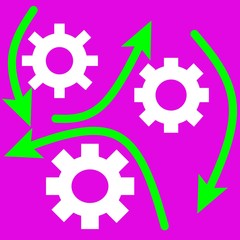 Bright neon purple background with graphic design of gears with arrows for input and output