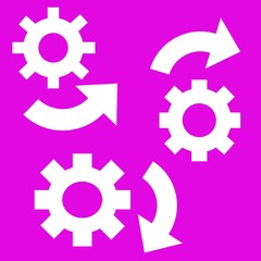 Bright neon purple background with graphic design of gears with arrows for input and output