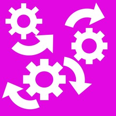 Bright neon purple background with graphic design of gears with arrows for input and output