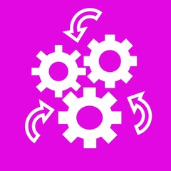 Bright neon purple background with graphic design of gears with arrows for input and output