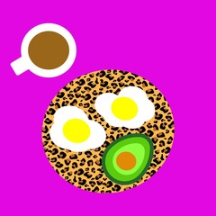 Simple graphic design of eggs, avocado on a plate with a cup of coffee