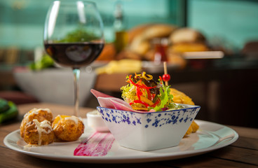 fast food set with wine