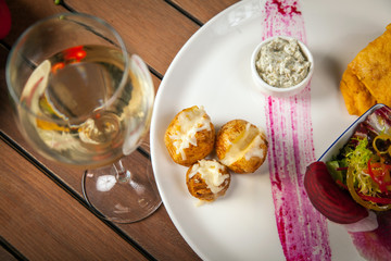 fast food set with wine