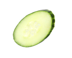 Cut fresh green cucumber on white background