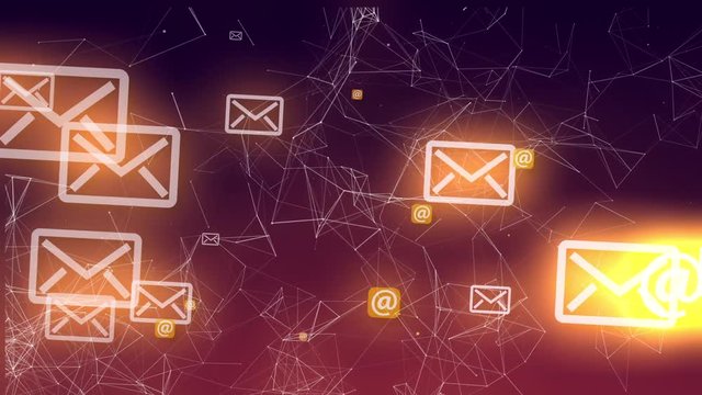 Background on postal themes.Envelopes with a neon glow, flying randomly envelopes