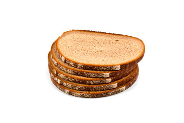Stack of five fresh baked bread slices isolated on white.