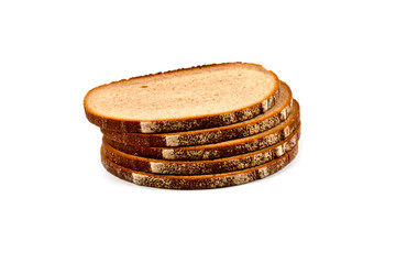 Stack of five fresh baked bread slices isolated on white.