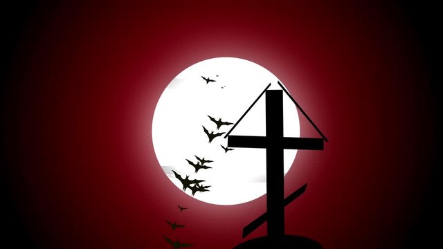 Cemetery cross sliding shot, evil dark cloudy sky red dawn glow, bird flying