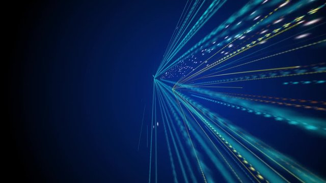 Abstract background with animation moving of lines for fiber optic network. Magic flickering dots or glowing flying lines. Animation of seamless loop.