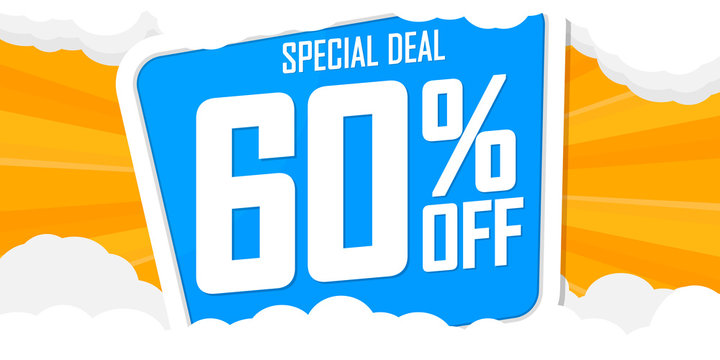 Summer Sale 60% off, special deal, horizontal poster design template, discount banner, vector illustration