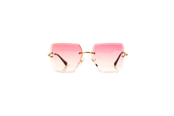 Isolated Pink Gradient Flat Top Trapezoidal Rimless Sunglasses with Thin Frame, Front View