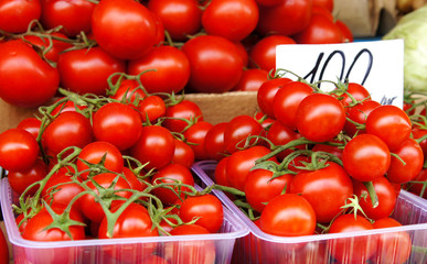 Red tomatoes on the shop counter.