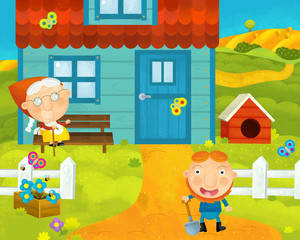 cartoon rural scene with farm and villagers near the house - illustration for children