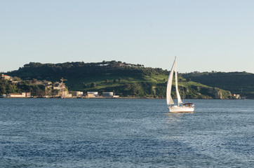 Lisbon landscape with river and yacht