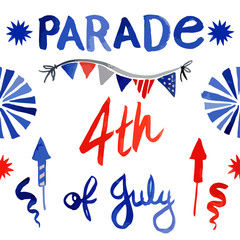 Vector watercolor style illustration of decoration set for Independence day, July 4th holiday celebration