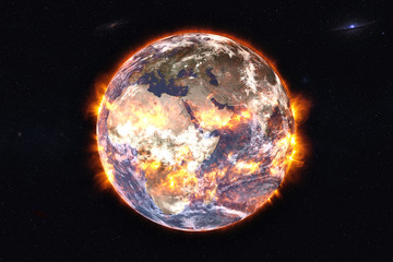 Planet Earth of Solar system explosion in the outer space. Humanity end. Planetary death concept....