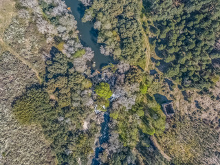 Aerial view of drone, natural landscape river with and colored trees on the banks