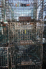 off season lobster traps or pots, drying on the dock