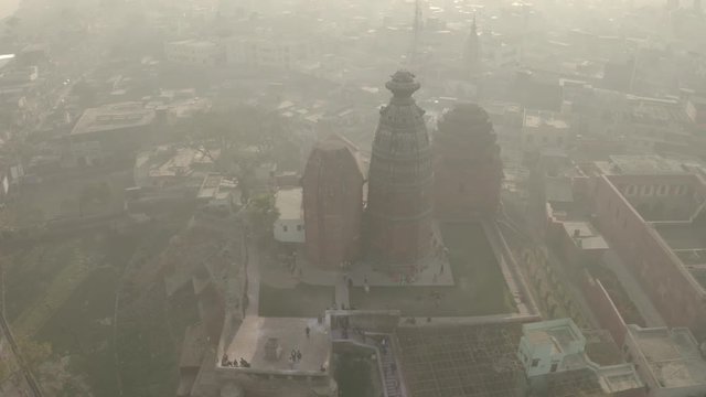 "Madana Mohana" temple in Vrindavan, India, 4k aerial ungraded/flat