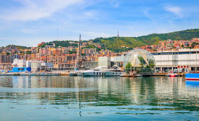 Fototapeta premium View on old port and Biosphere in a beautiful summer day, Genova, Liguria, Italy