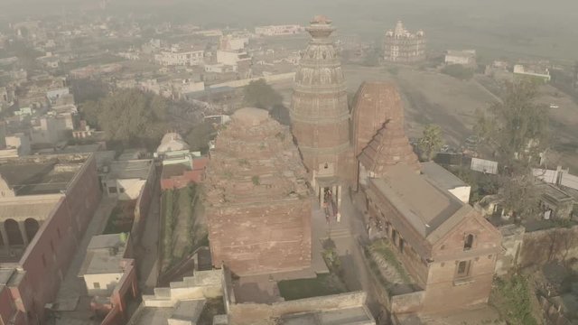 "Madana Mohana" temple in Vrindavan, India, 4k aerial ungraded/flat