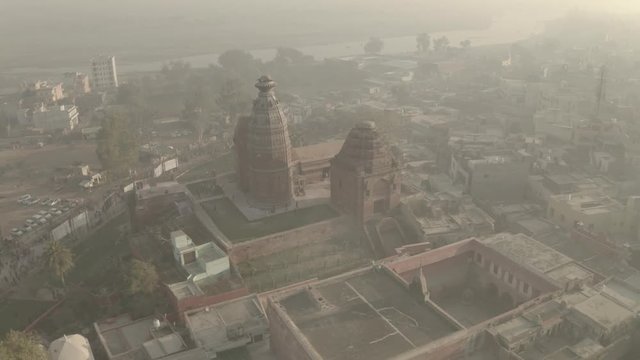 "Madana Mohana" temple in Vrindavan, India, 4k aerial ungraded/flat