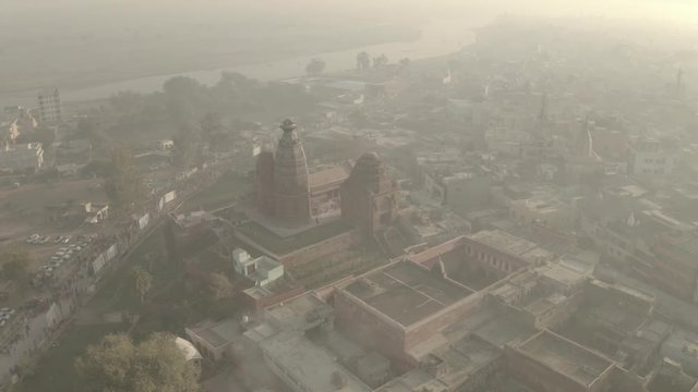"Madana Mohana" temple in Vrindavan, India, 4k aerial ungraded/flat
