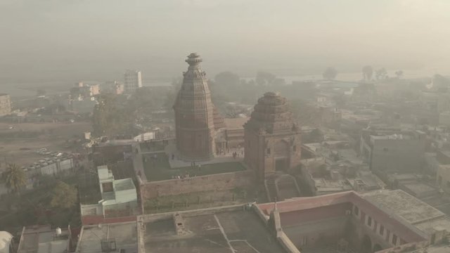 "Madana Mohana" temple in Vrindavan, India, 4k aerial ungraded/flat