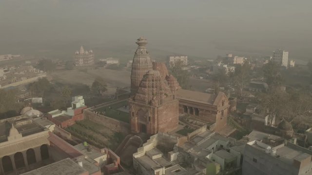 "Madana Mohana" temple in Vrindavan, India, 4k aerial ungraded/flat