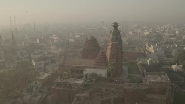 "Madana Mohana" temple in Vrindavan, India, 4k aerial ungraded/flat