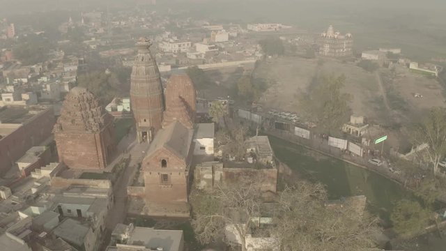 "Madana Mohana" temple in Vrindavan, India, 4k aerial ungraded/flat