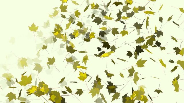 Flying yellow and green maple leaves. Style artistic background. Digital art. Flow, wind, change concept.