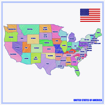 Bright illustration with map and flag United States of America. Happy America day background. Bright background with flag of USA and map with regions.