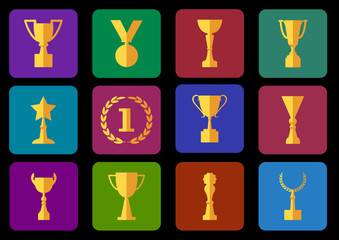 Award and cups, colorful set, vector illustration