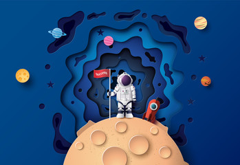 Astronaut with Flag on the moon - obrazy, fototapety, plakaty