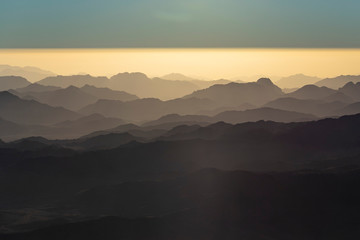 Egypt. Mount Sinai in the morning at sunrise. (Mount Horeb, Gabal Musa, Moses Mount). Pilgrimage place and famous touristic destination.