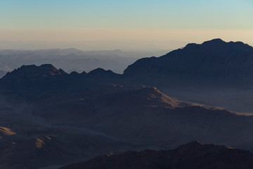 Egypt. Mount Sinai in the morning at sunrise. (Mount Horeb, Gabal Musa, Moses Mount). Pilgrimage place and famous touristic destination.