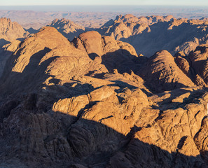Egypt. Mount Sinai in the morning at sunrise. (Mount Horeb, Gabal Musa, Moses Mount). Pilgrimage place and famous touristic destination.