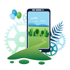 Road stretches into distance, in natural landscape, depicted on screen of gadget. Composition of the smartphone, gears, tracks, balloons and leaves. Template, vector flat concept of virtual reality.