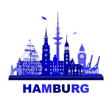 Hamburg Deutschland Stadt Silhouette Umriss Vektor Skyline -  Germany city - Reis, Urlaub, Sehensw&uuml;rdigkeiten - Grafik f&uuml;r touristisches Konezept, Pr&auml;sentation, Webseite, banner, Logo