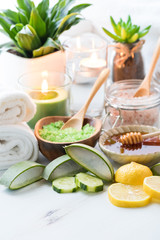 Close up vertical view of a display of a variety of natural skin care treatments including aloe vera, lemon, honey, cucumber and himalay salts.