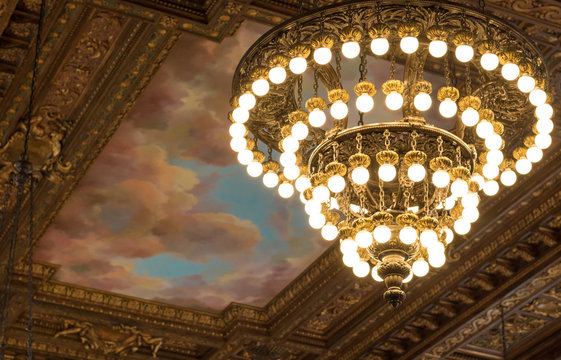 Chandeliers and ceiling  - New York Public Library on Fifth Avenue in Manhattan.
